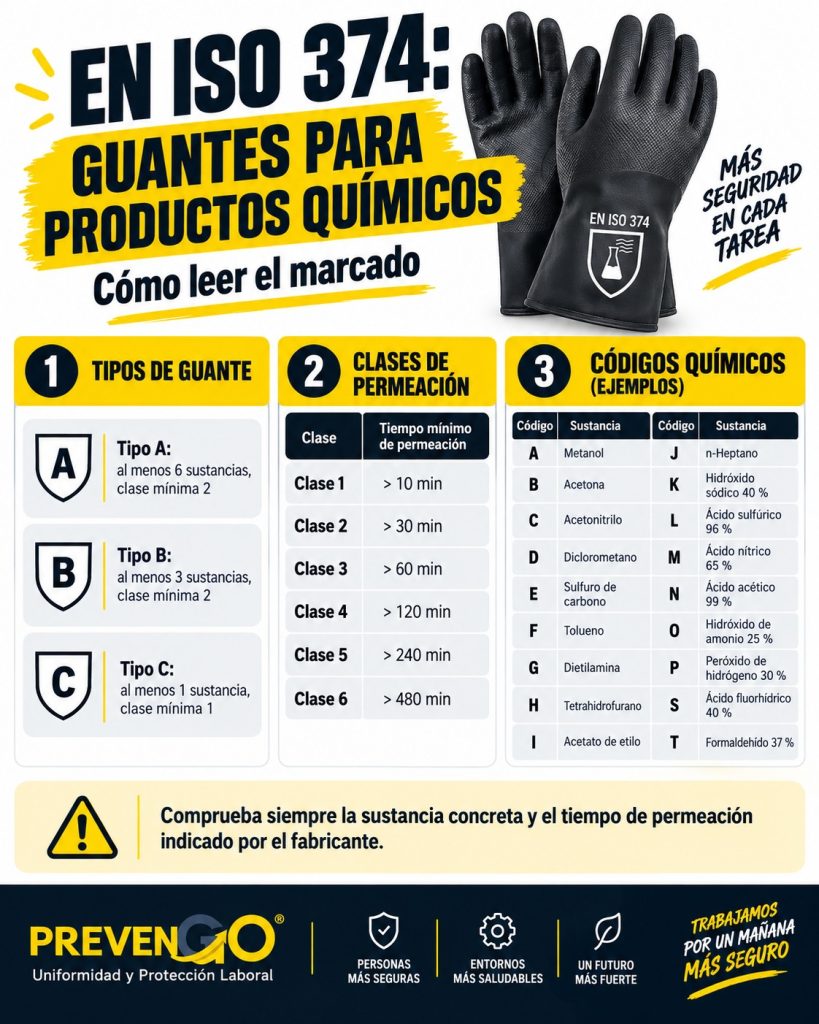 Clasificación EN ISO 374 de guantes de protección frente a productos químicos