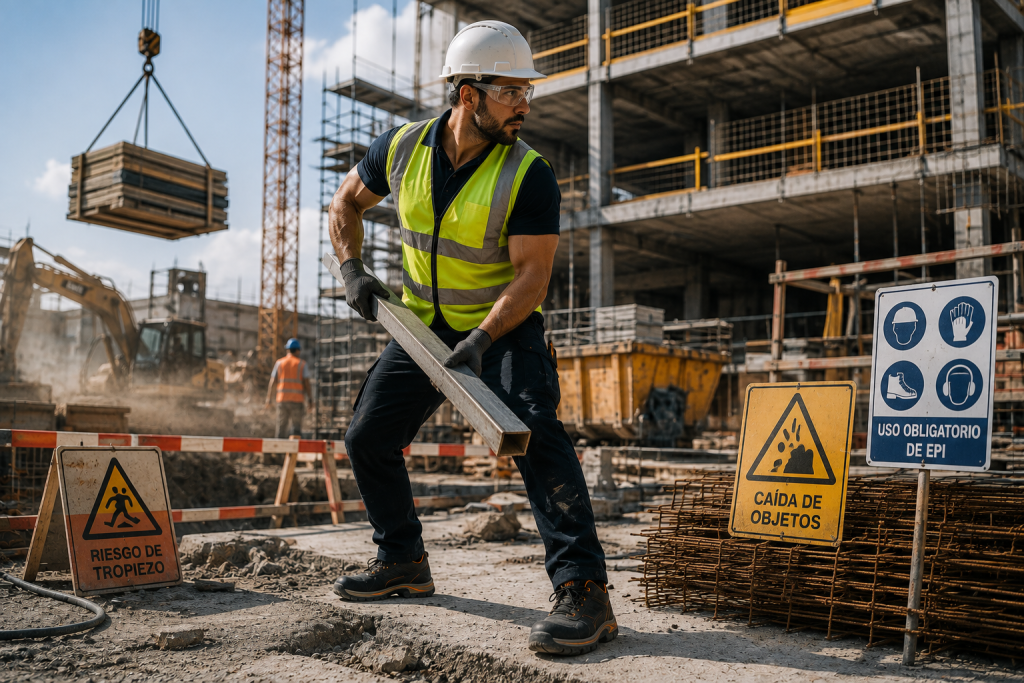 Trabajador de construcción en buena forma física utilizando equipos de protección frente a riesgos laborales