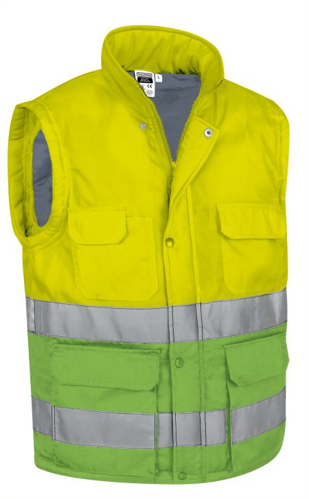Chaleco acolchado multibolsillos de alta visibilidad Valento BERGEN amarillo flúor-verde manzana