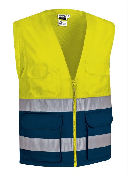 Chaleco multibolsillos de alta visibilidad Valento LISBURN amarillo flúor-azul marino orión