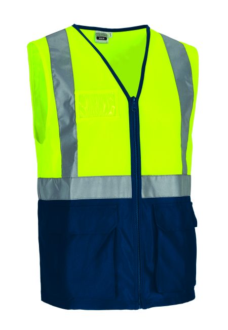 Chaleco bicolor de alta visibilidad con bolsillos Valento WULIK amarillo flúor-azul marino orión