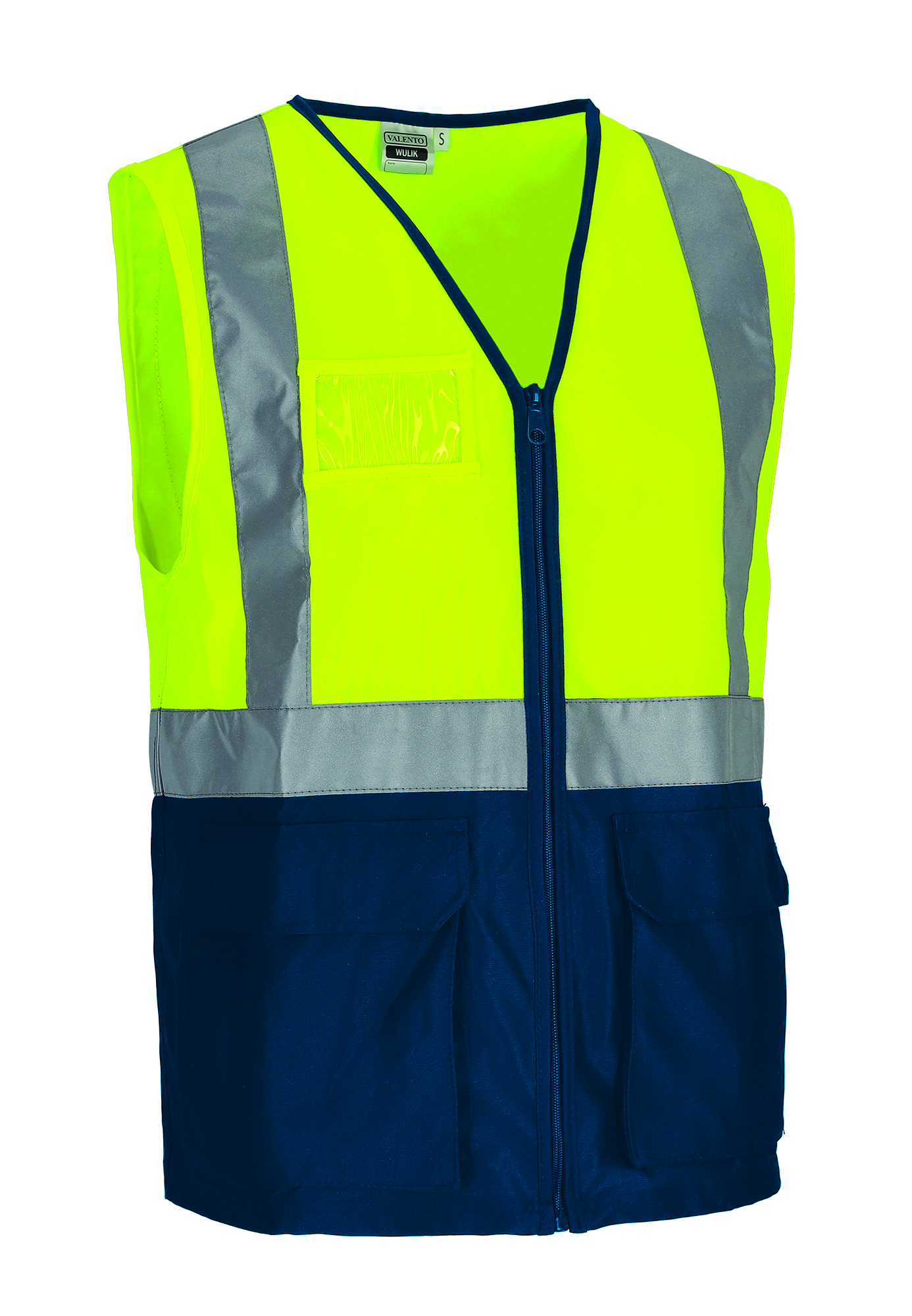 Chaleco bicolor de alta visibilidad con bolsillos Valento WULIK amarillo flúor-azul marino orión