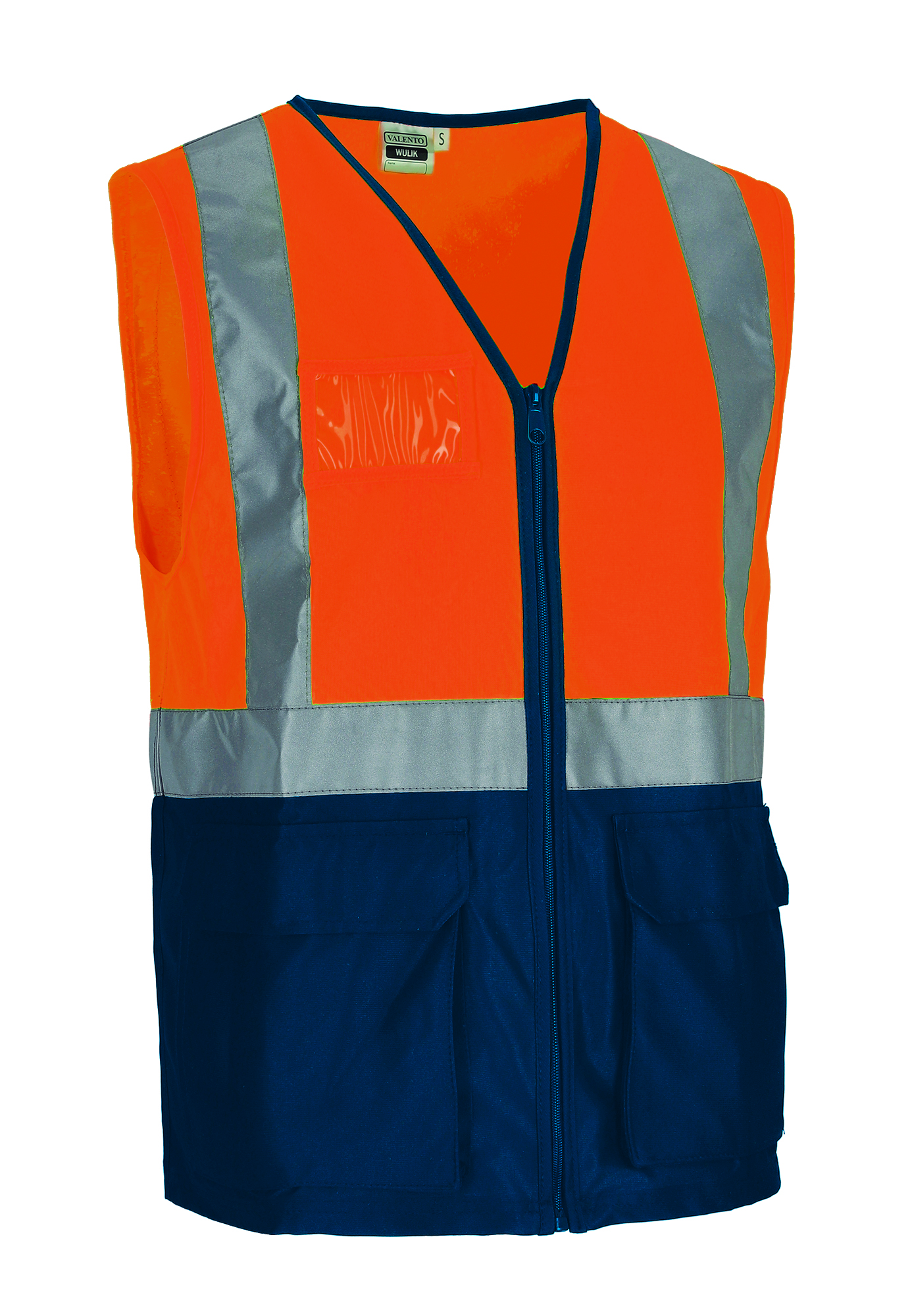 Chaleco bicolor de alta visibilidad con bolsillos Valento WULIK naranja flúor-azul marino orión