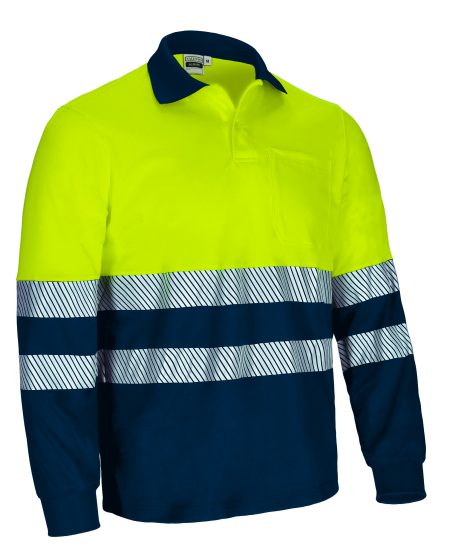 Polo térmico bicolor de alta visibilidad Valento ALBURY amarillo flúor-azul marino orión