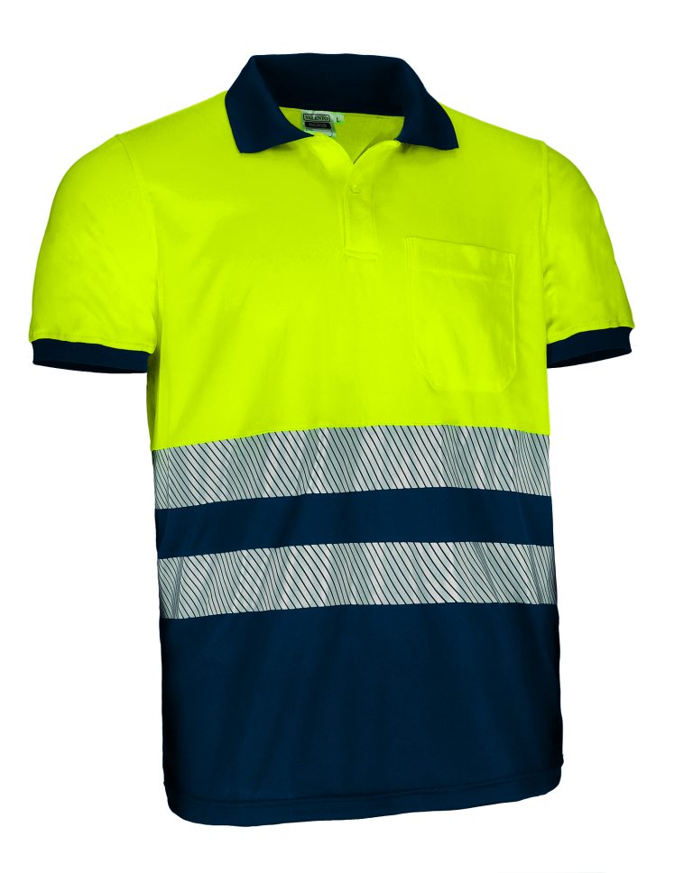 Polo bicolor de alta visibilidad Valento THURSO amarillo flúor-azul marino orión