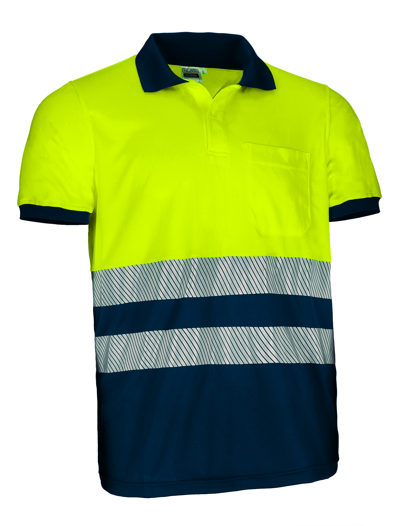 Polo bicolor de alta visibilidad Valento THURSO amarillo flúor-azul marino orión