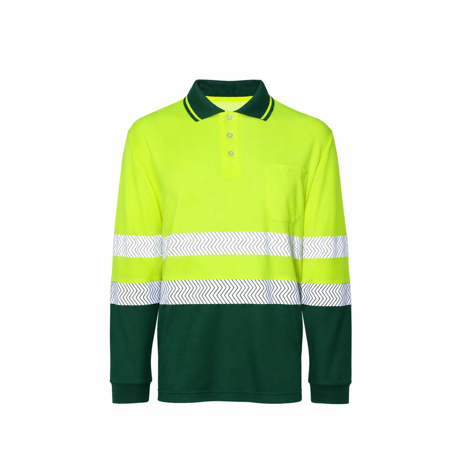 Polo de manga larga de alta visibilidad Seana BORI 12 PREMIUM — Verde botella / Amarillo flúor