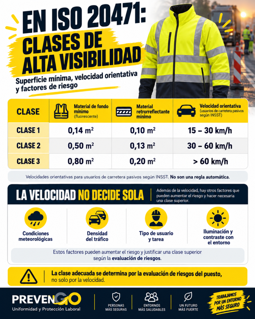 Infografía sobre las clases 1, 2 y 3 de la norma EN ISO 20471, con superficies mínimas, velocidad orientativa y factores de riesgo para elegir ropa de alta visibilidad. Leyenda: Clases 1, 2 y 3 de alta visibilidad según EN ISO 20471: superficies mínimas, velocidad orientativa y factores que influyen en la evaluación del riesgo.
