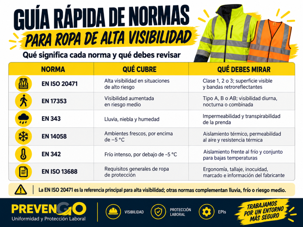 Guía rápida de normas para ropa de alta visibilidad con resumen de EN ISO 20471, EN 17353, EN 343, EN 14058 y EN 342