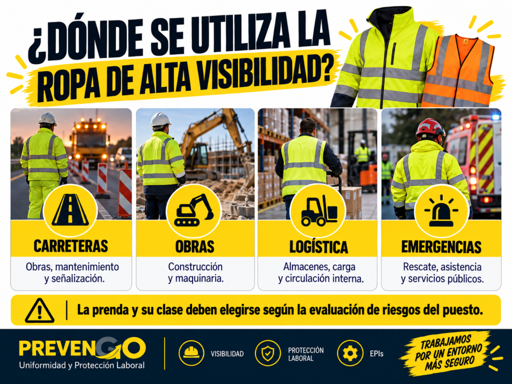 Sectores donde se utiliza ropa de alta visibilidad: carreteras, obras, logística y servicios de emergencia