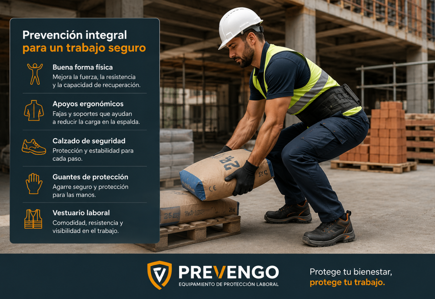 Trabajador de construcción en buena forma física utilizando equipos de protección laboral